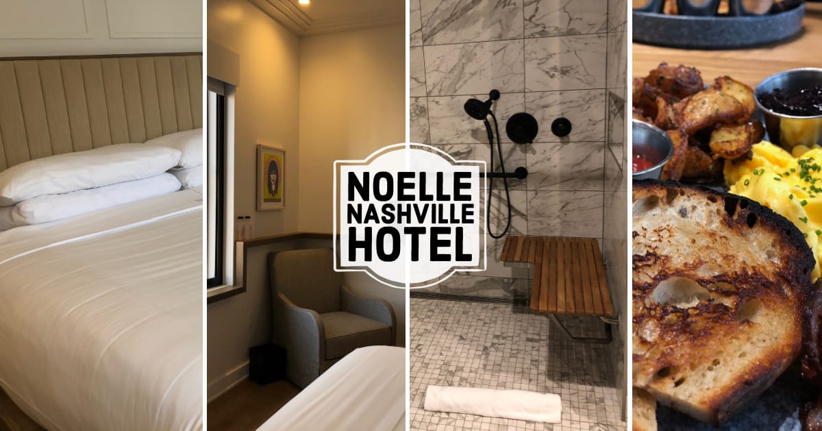 Collage of four images from the Noelle Nashville Hotel, including a bed, roll-in shower and breakfast meal.