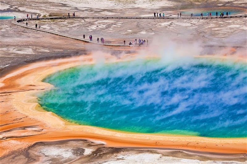 Boardwalk leading to the Grand Prismatic Spring at Yellowstone National Park.