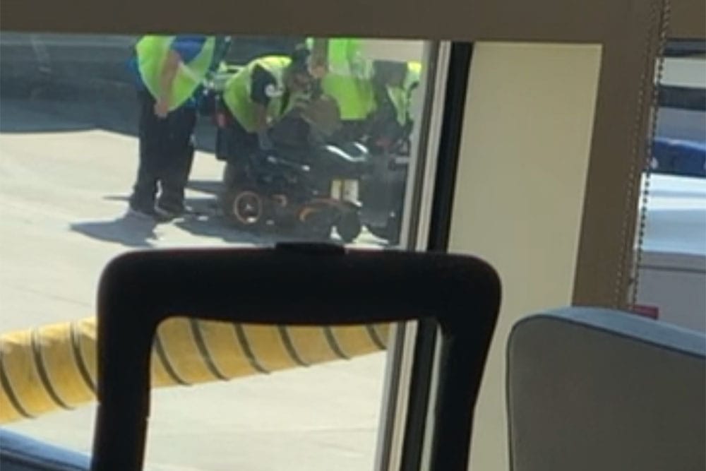 Wheelchair on ramp after arrival to IAH.