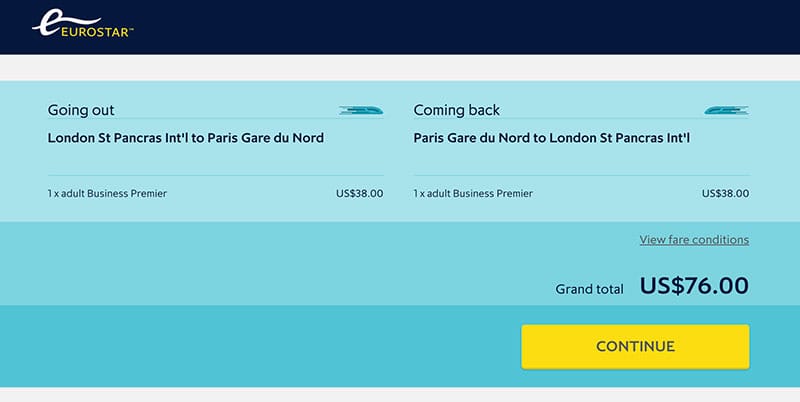 Round trip train ticket from London to Paris.