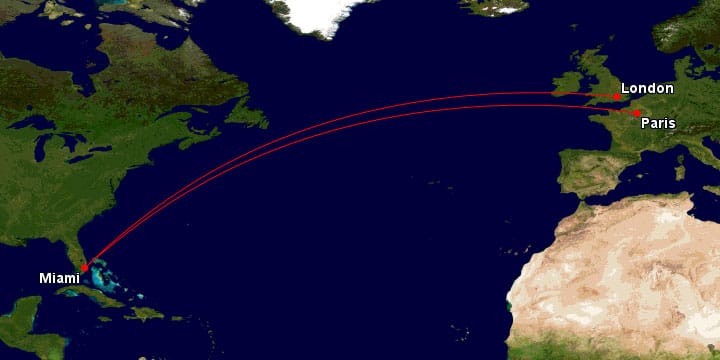 Map of an open-jaw flight route.