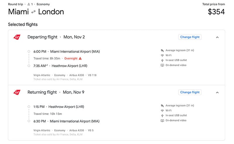 Round trip airfare from Miami to London.