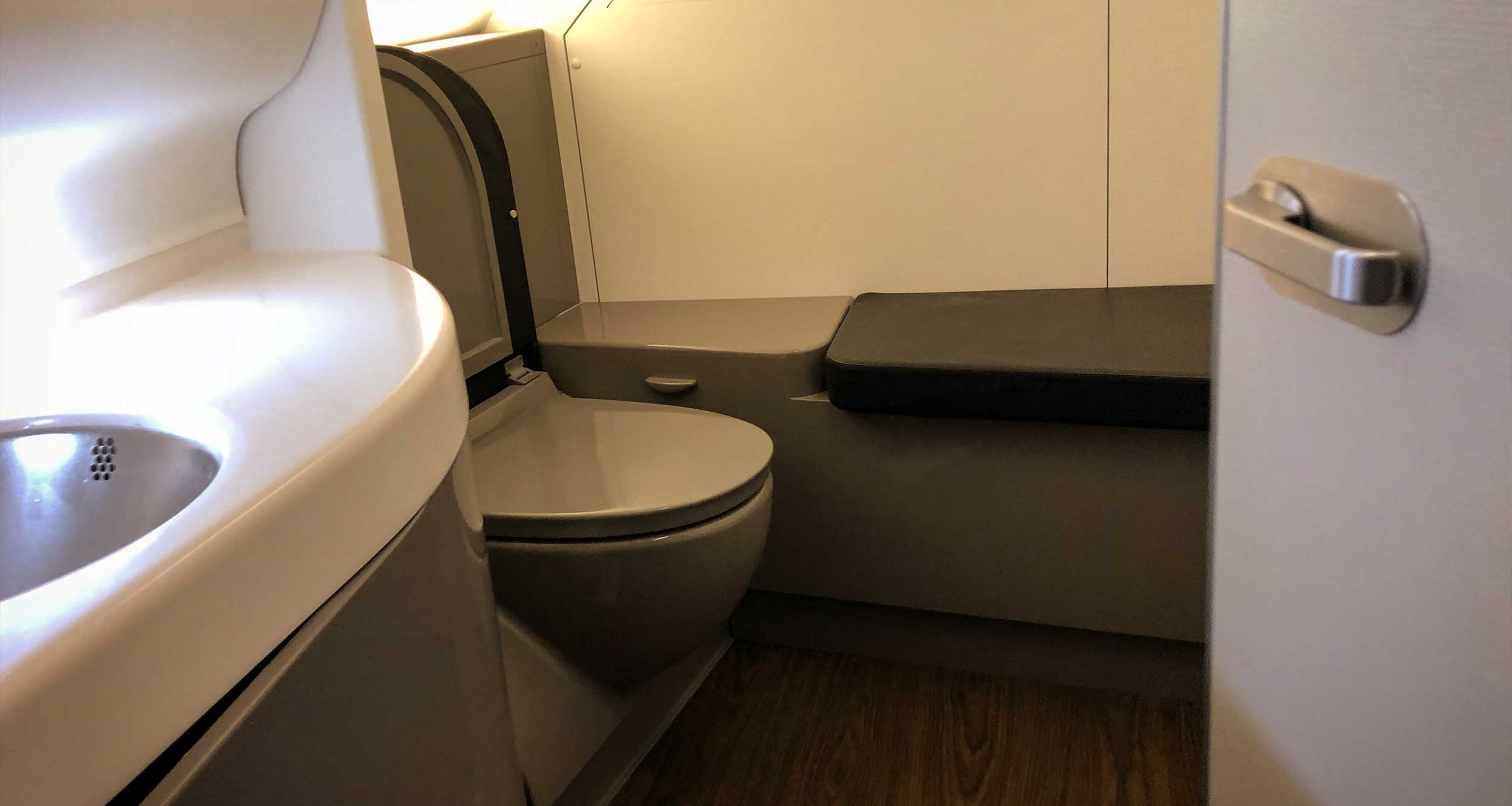 Wheelchair accessible airplane lavatory.