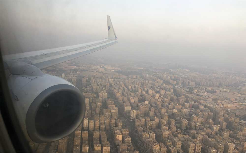 View from airplane window before landing in Cairo, Egypt.