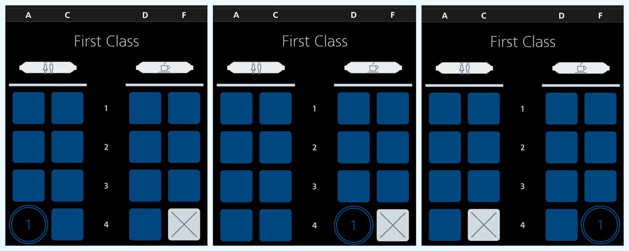 Screenshots of three airplane seat maps, showing the moves of two passengers around the cabin.