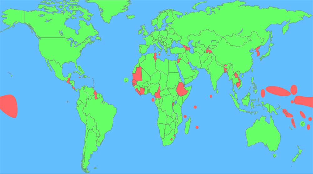 Map of the world, countries highlighted in red are the ones I failed to name.