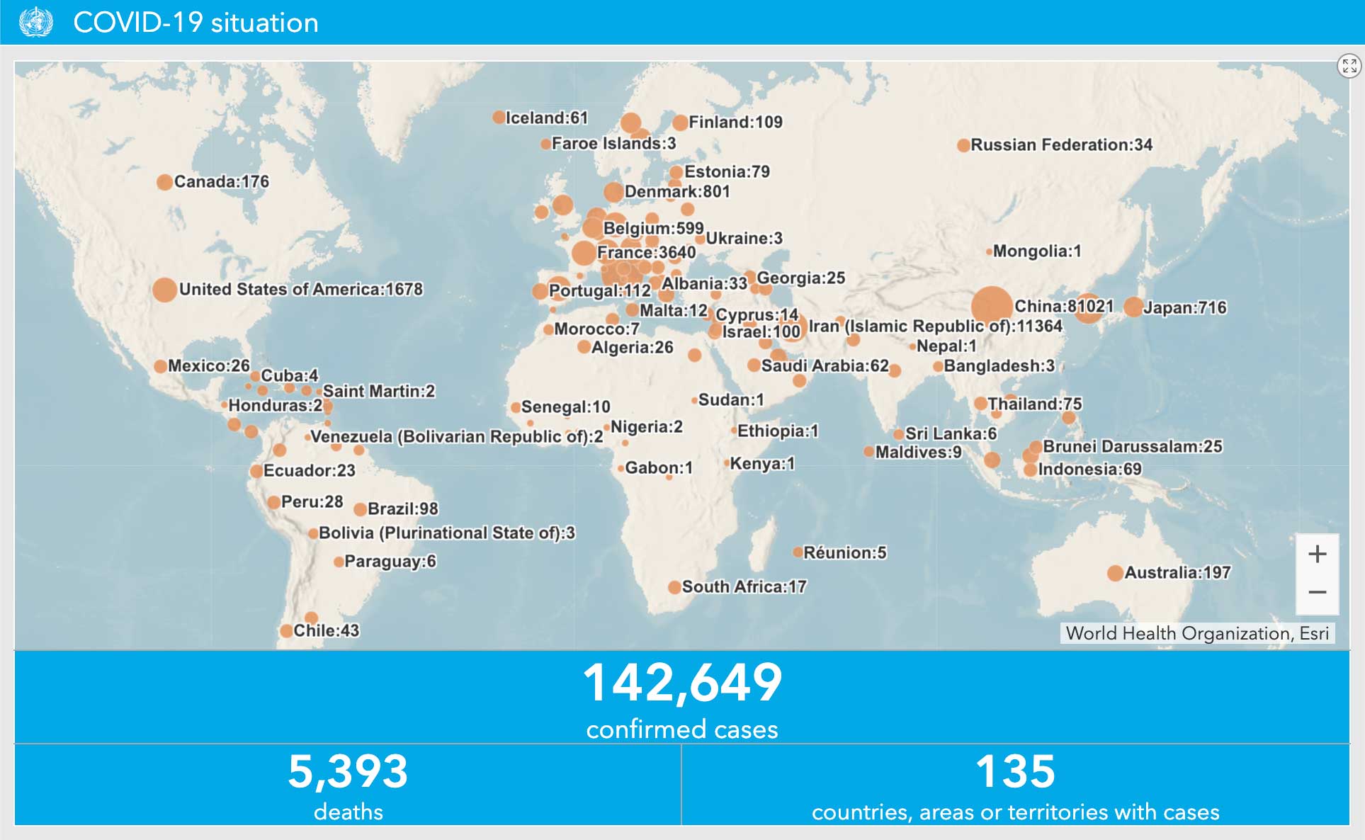 Map of COVID-19 cases by country.