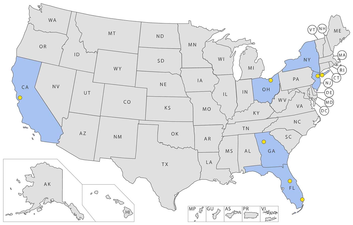 Map of states and airports where COVID-19 cases have been confirmed among TSA Officers (Updated March 20, 2020).