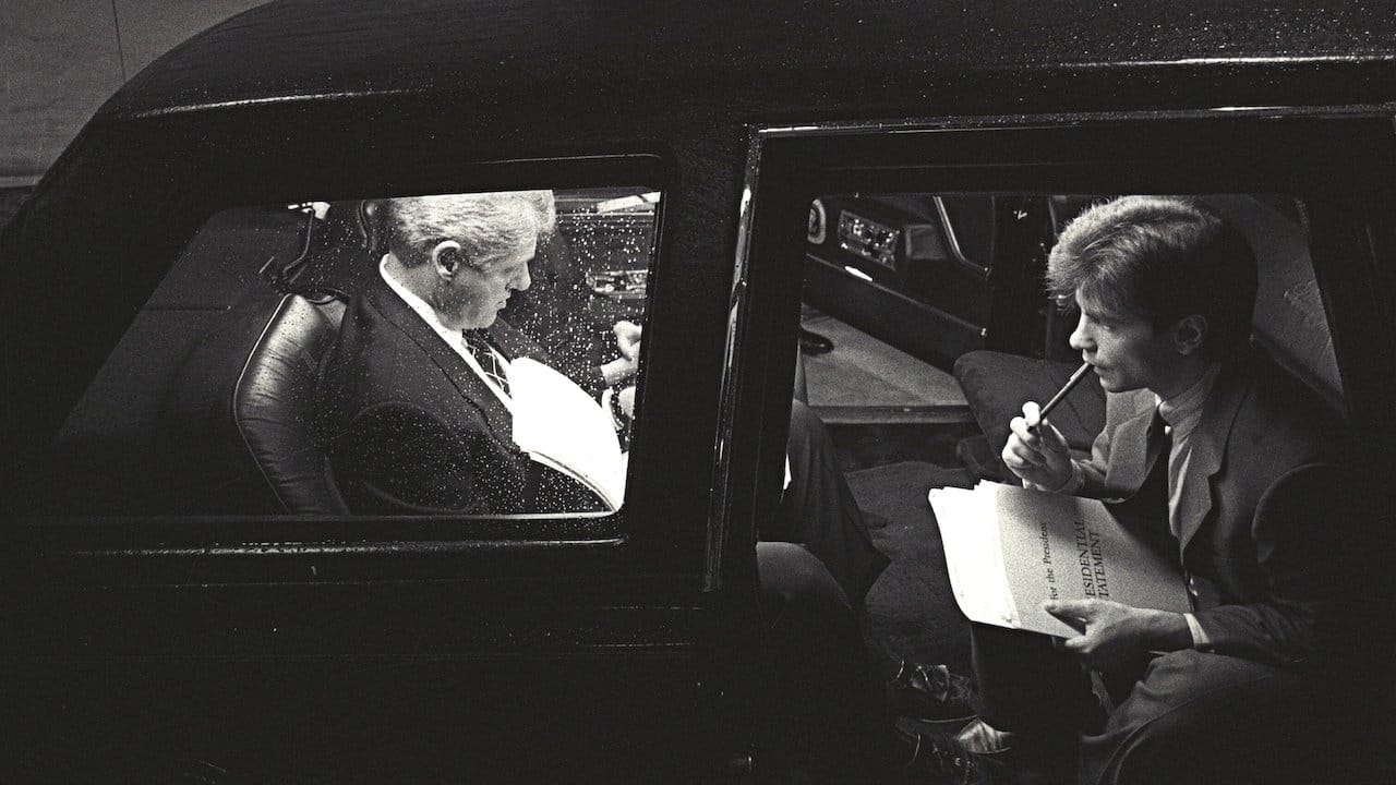 President Bill Clinton and George Stephanopoulos pictured in the presidential limousine.