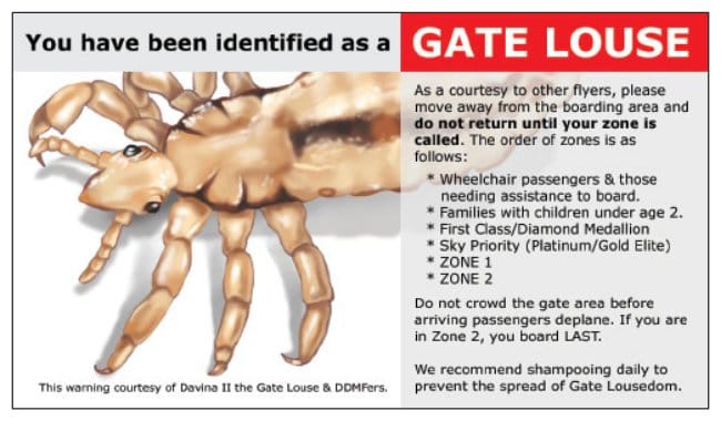 Business card with a close-up illustration of a louse, a description of the appropriate boarding order and a headline reading, You have been identified as a Gate Louse.