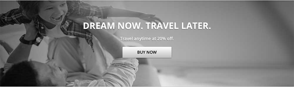 Marriott Hotels banner that reads, Dream Now, Travel Later; Travel anytime at 20% off.