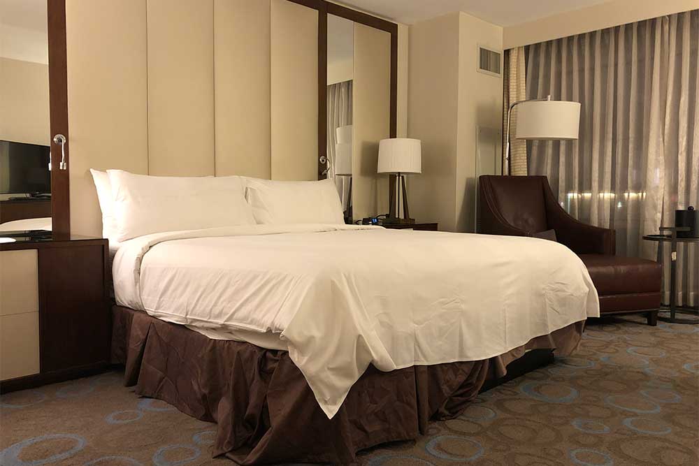 King size bed at Marriott Marquis Washington DC hotel.