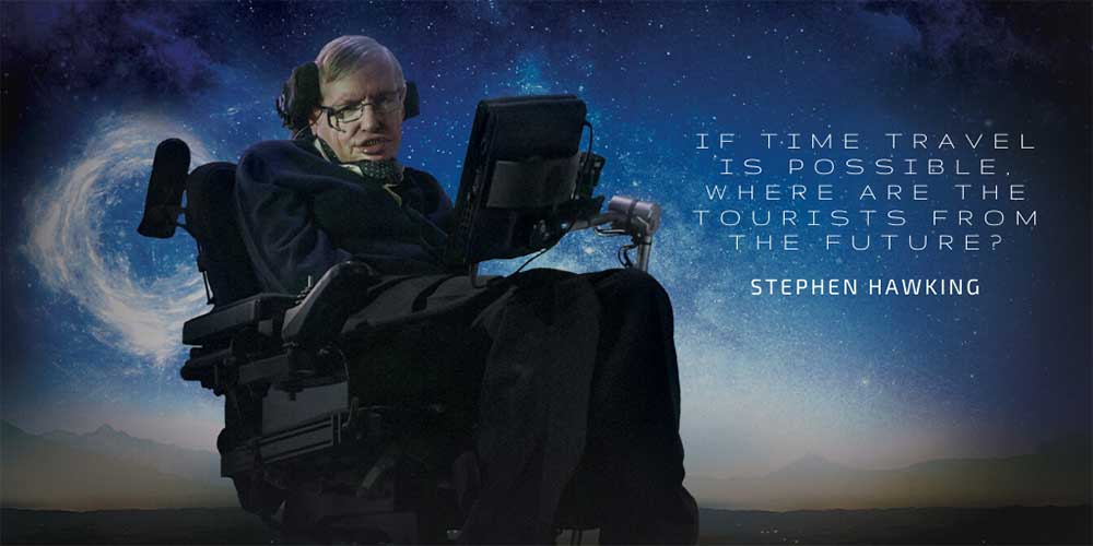 Stephen Hawking pictured against an image of the night sky filled with stars.