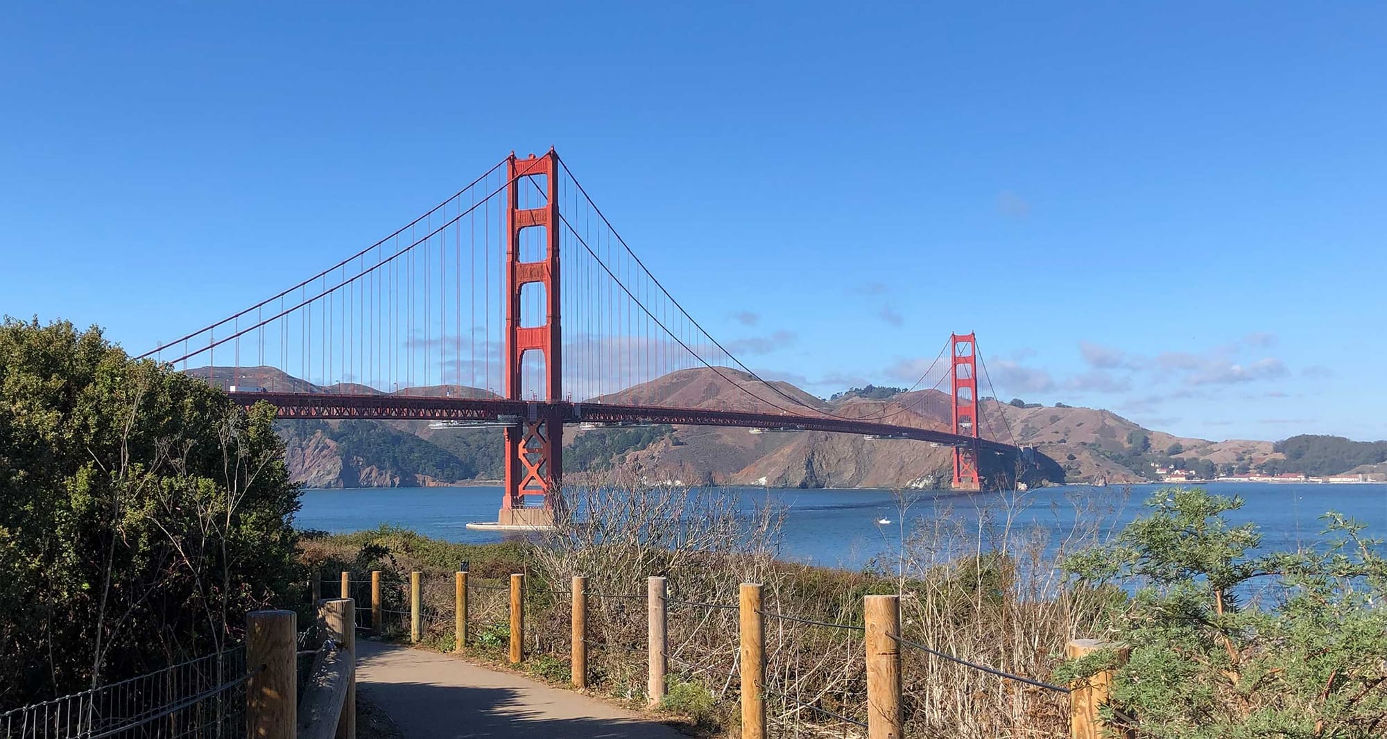 Golden Gate Bridge against a clear blue sky.