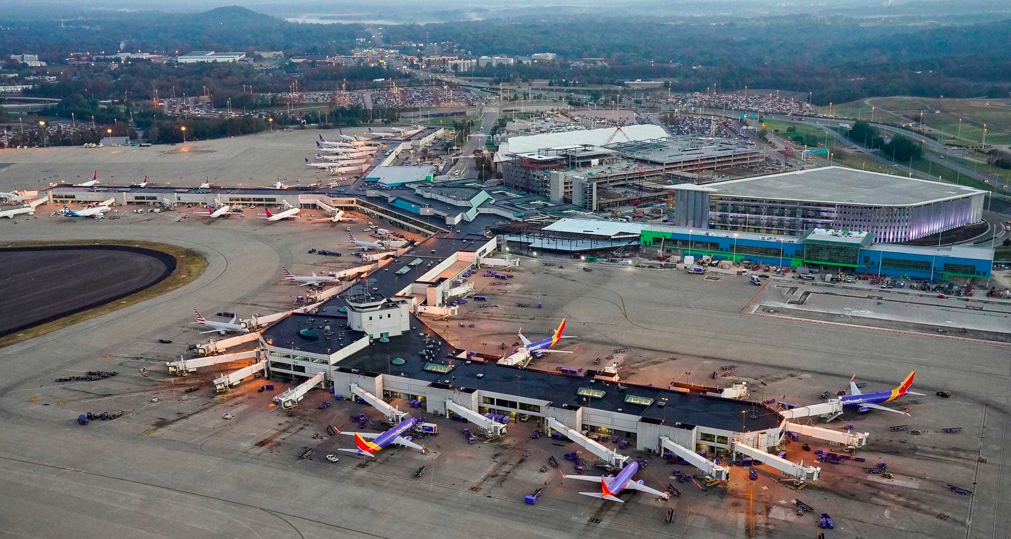 Aerial view of the Nashville Airport terminal building.