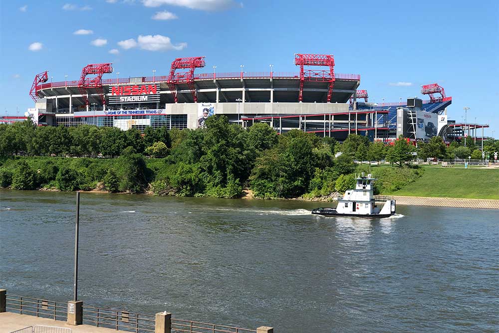 Nissan Stadium as seen from across the river.