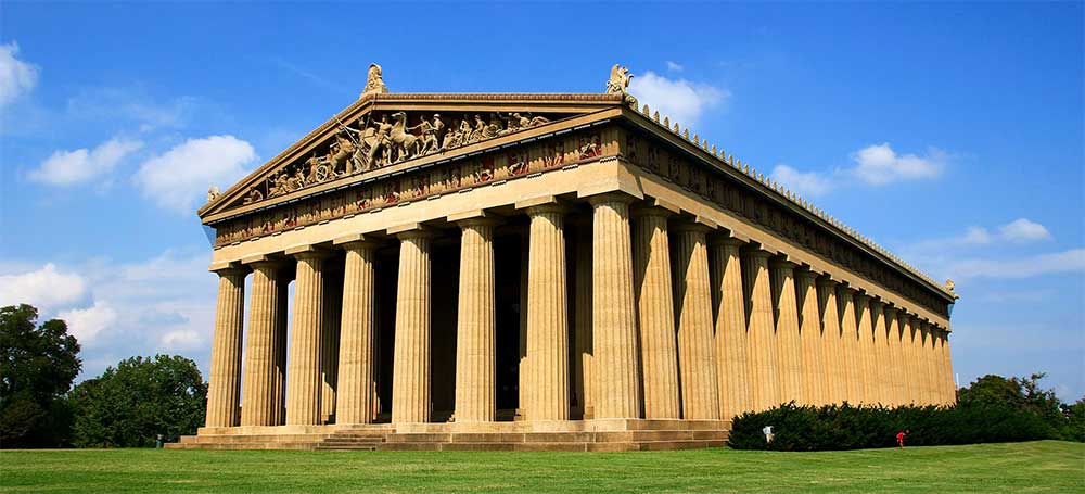 Full-scale replica of the Parthenon in Athens, Greece, located in a Nashville city park.