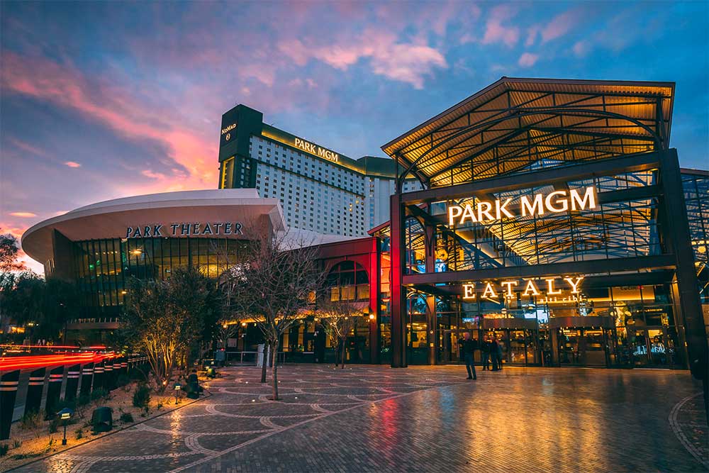 Exterior facade of Park MGM hotel building.