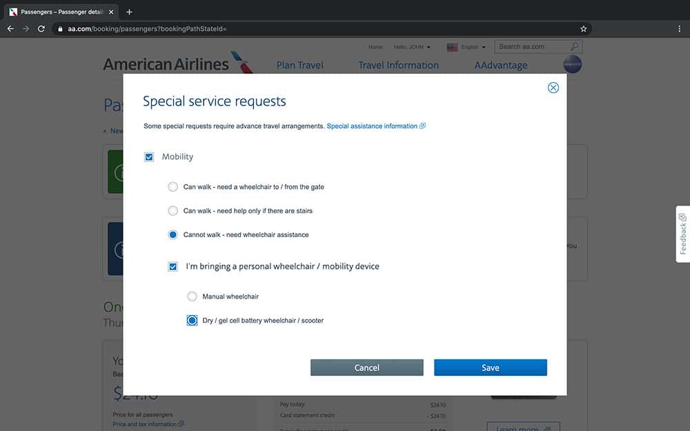 Screenshot of American Airlines special service request form.