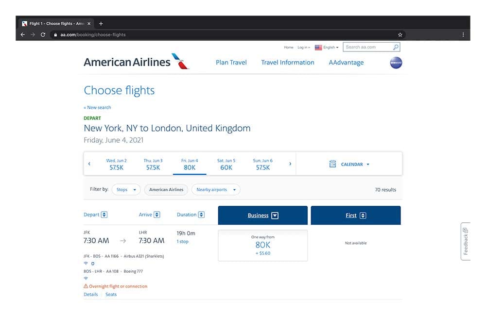 Screenshot of American Airlines award ticket search results.