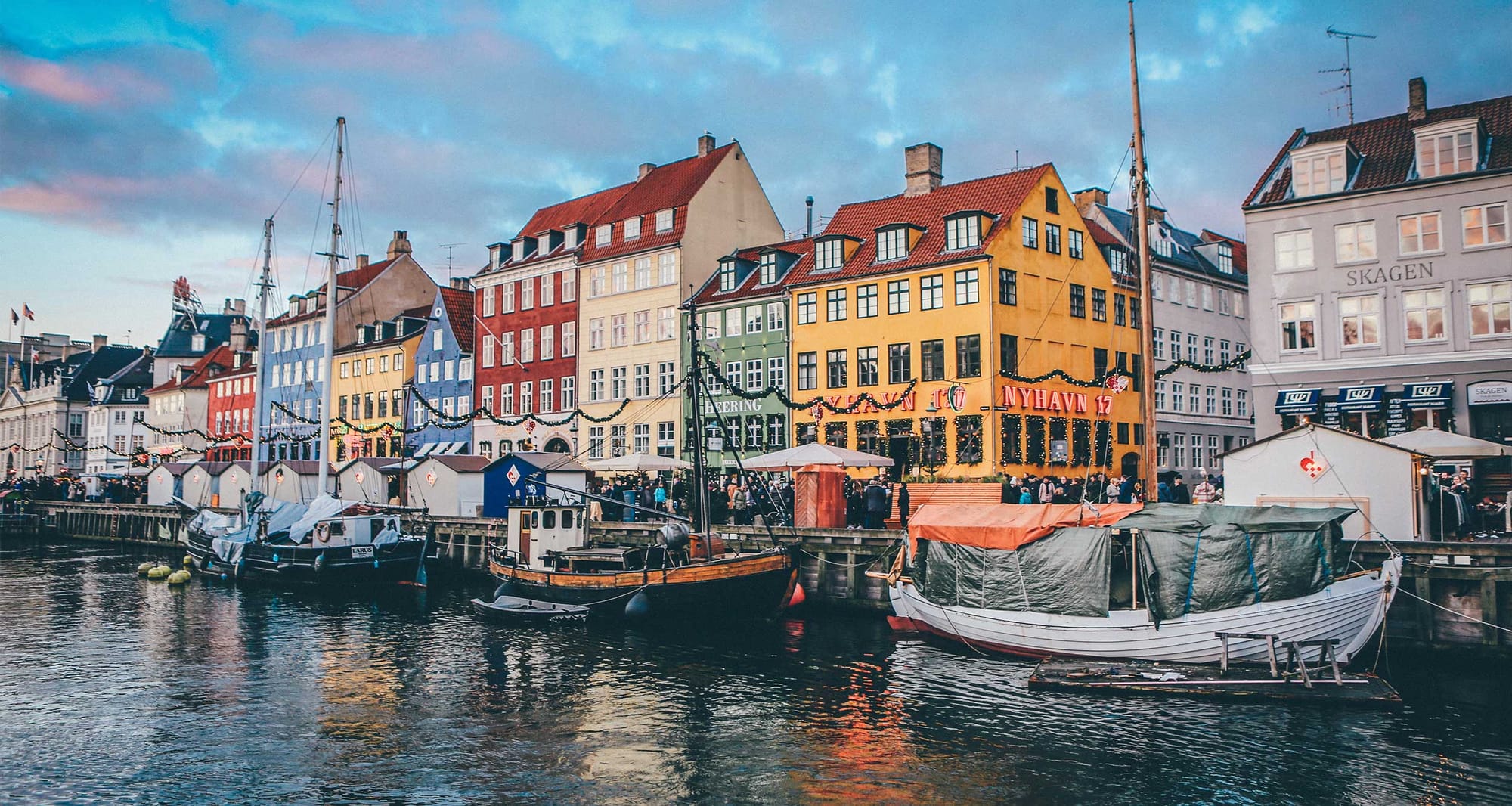 Colorful buildings in front of the water in Copenhagen, Denmark.