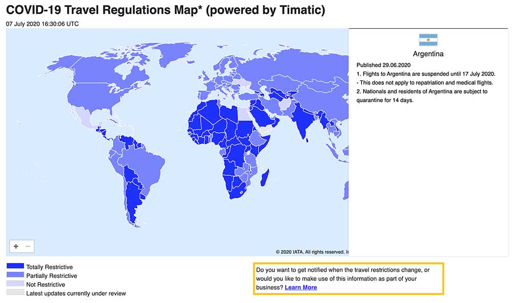 Screenshot of interactive map showing information about Argentina travel restrictions.