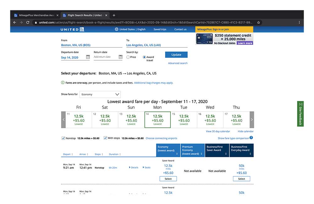 Screenshot of United Airlines flight award search tool, prices shown in frequent flyer miles.