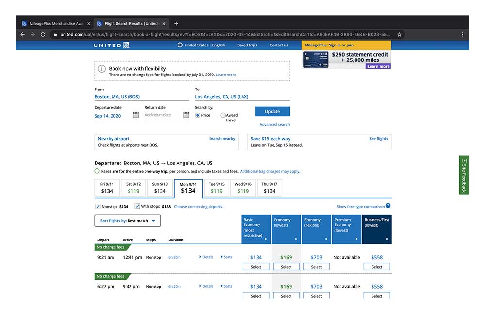 Screenshot of United Airlines flight search tool, prices shown in U.S. Dollars.