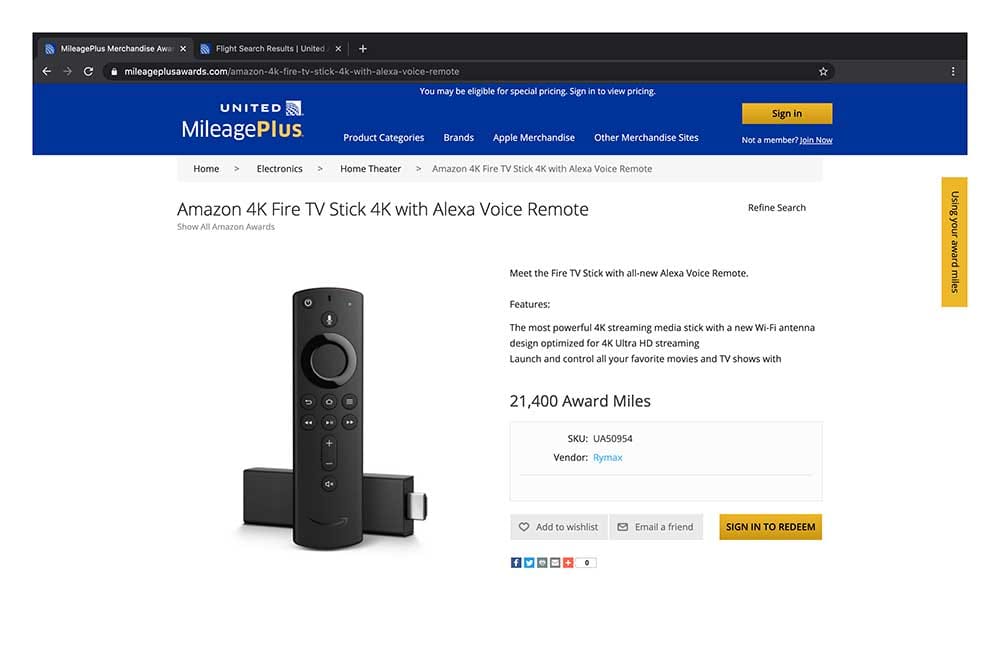 Screenshot of United Mileage Plus Award website, product page with picture of Amazon Fire TV Stick.