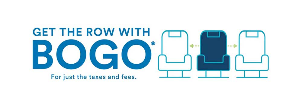 Alaska Airlines ad, text that reads Get the row with BOGO, For just the taxes and fees.