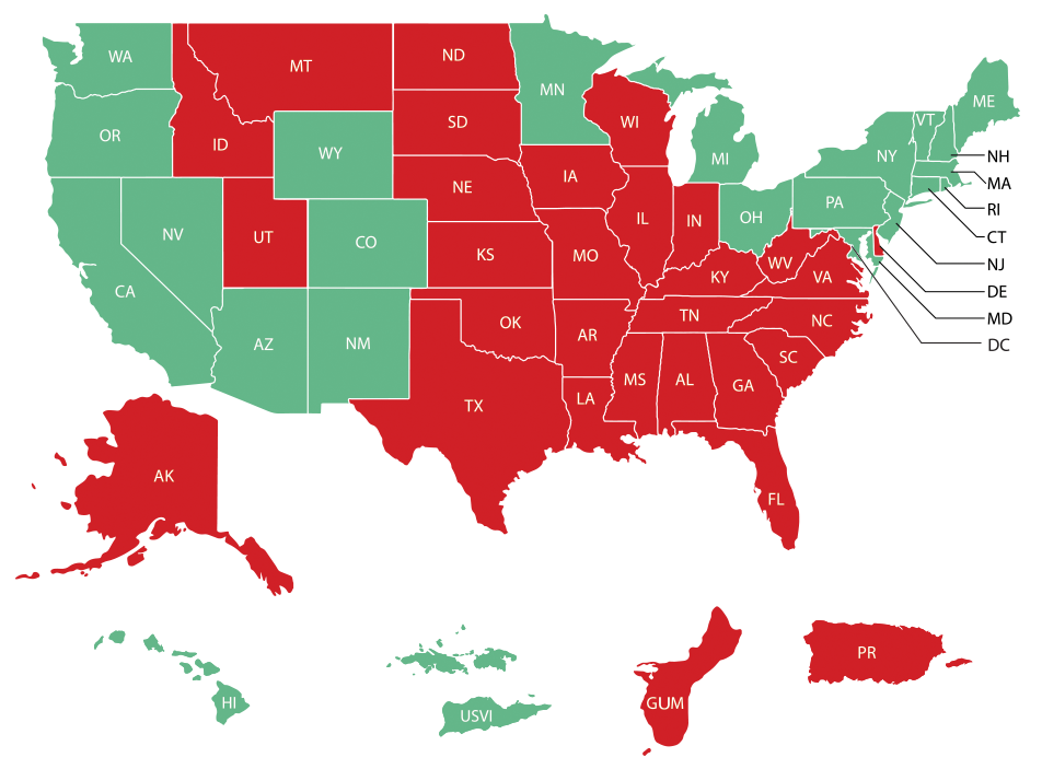 Map of states from which travelers are required to quarantine when visiting Connecticut.