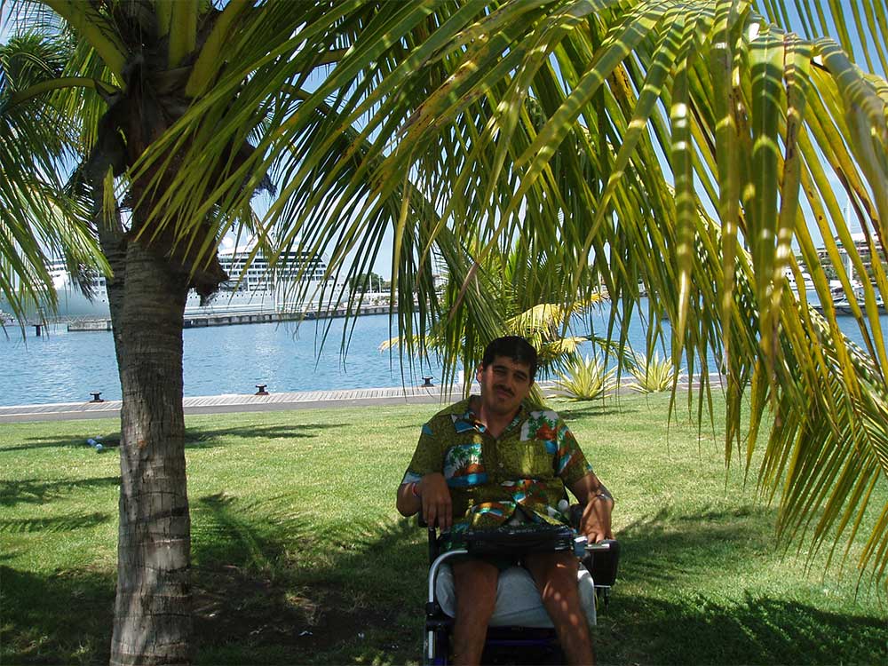 Gordon next to a palm tree, with a cruise ship in the background.