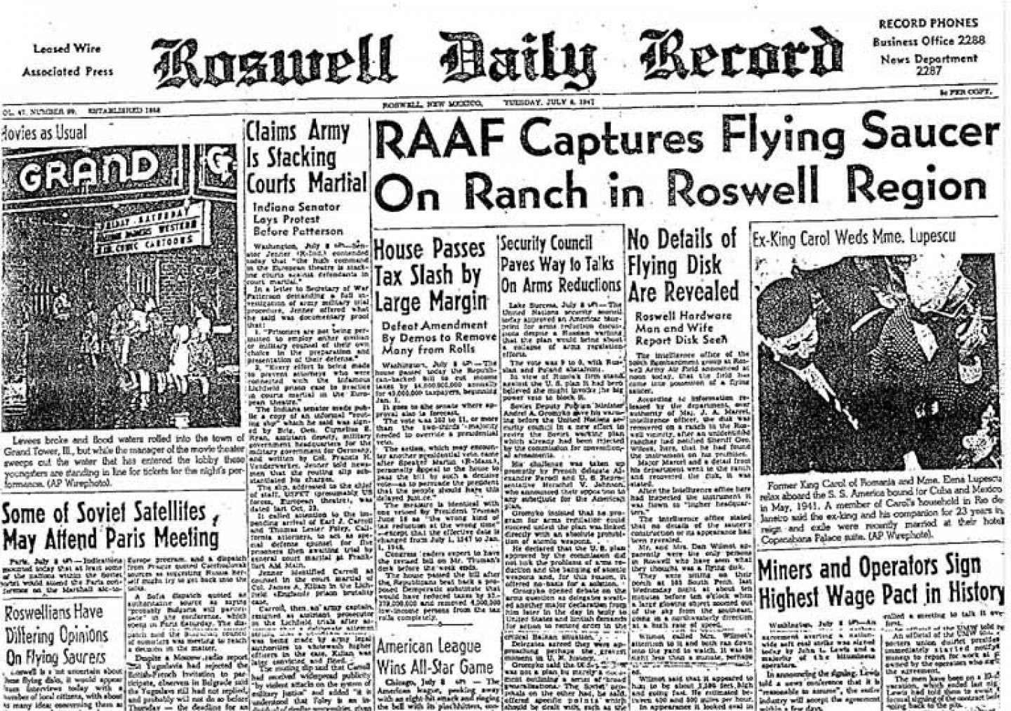 Roswell Daily Record newspaper with first report of UFO, headline reads RAAF Captures Flying Saucer on Ranch in Roswell Region.