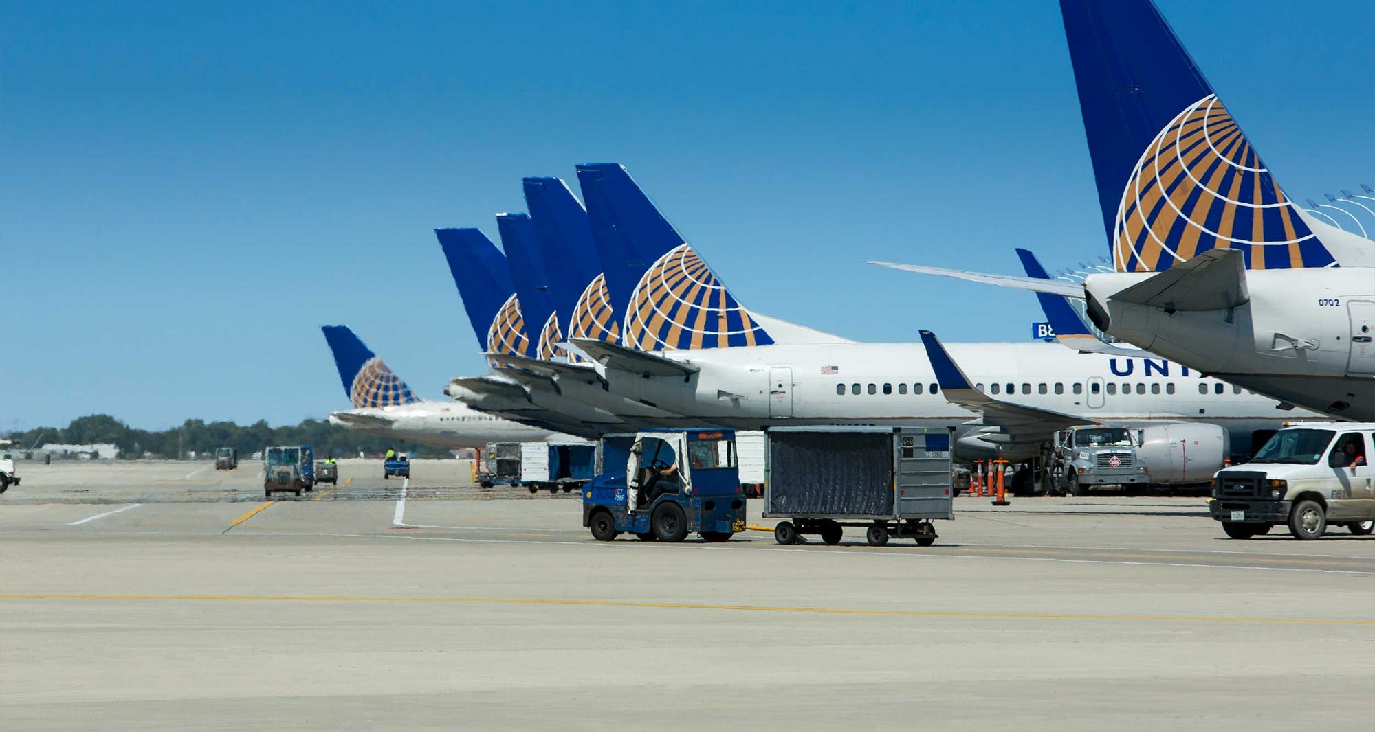 Multiple United Airlines jets parked at airport gates.