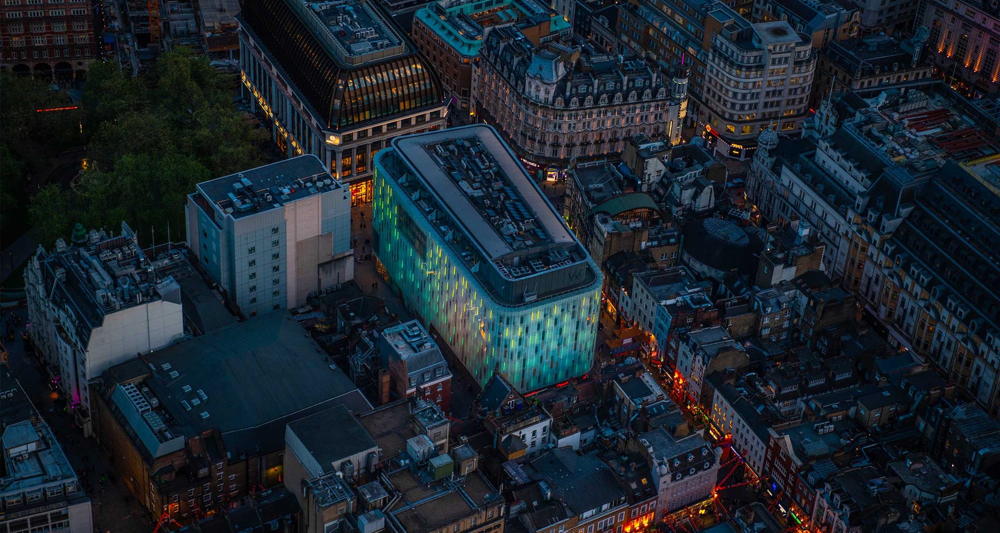 Aerial view of the W London Hotel and Leicester Square.