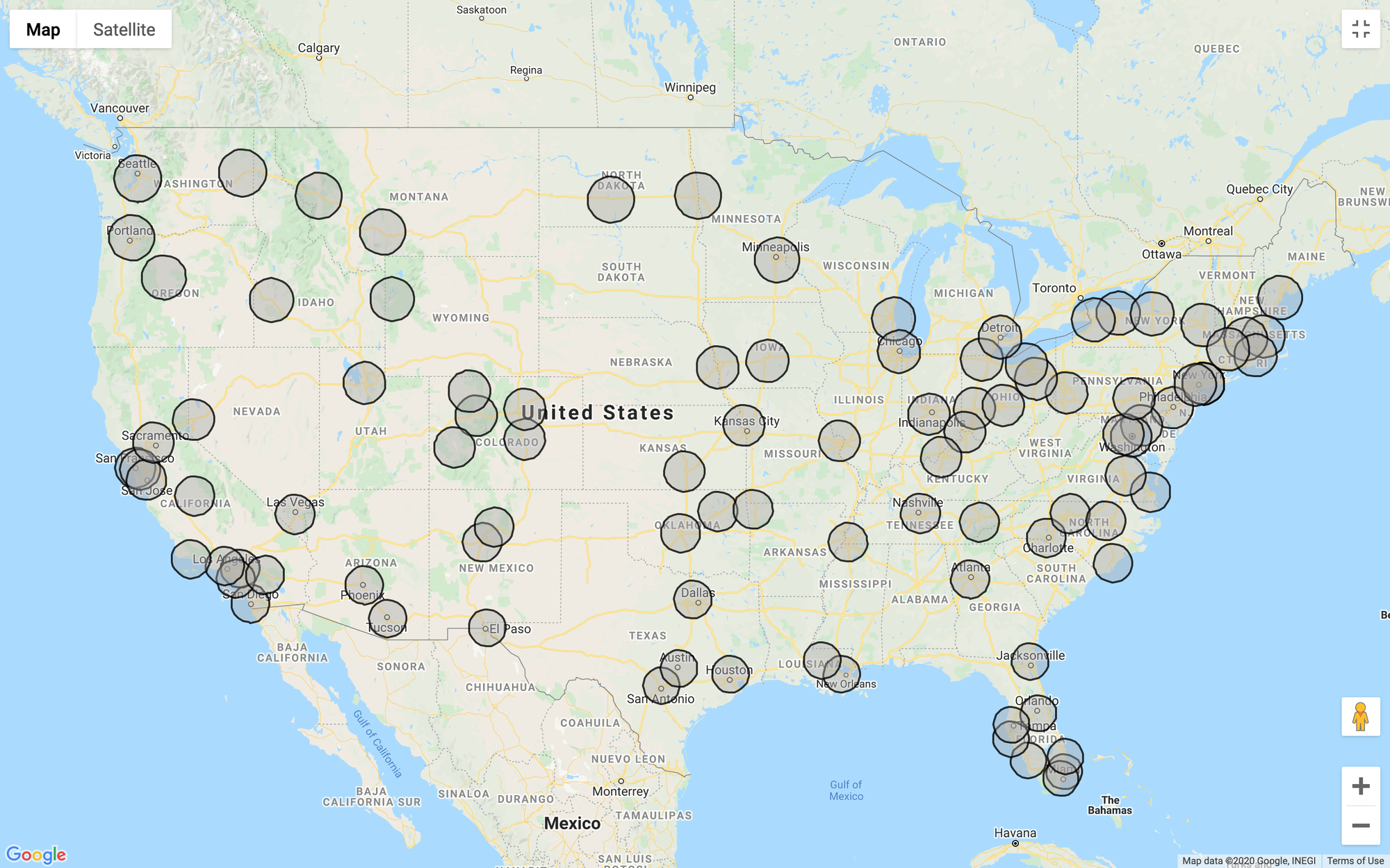 Map of areas within 50 miles of an airport where American Airlines operates at least one flight a day using a mainline jet aircraft.