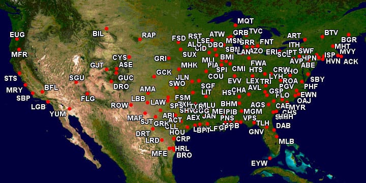 Map of airports where American Airlines uses only regional jets.