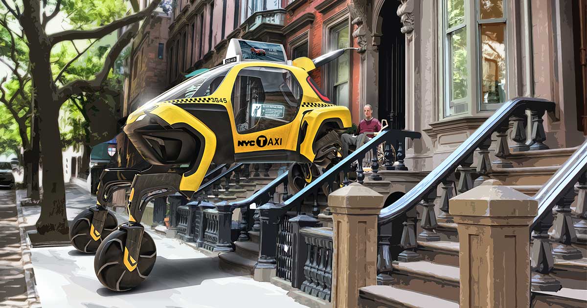 Hyundai concept vehicle, with 4 wheels on leg-like fixtures, two on a sidewalk and two at the top of a stoop, with a wheelchair user boarding the vehicle from the rear. Yellow vehicle with NYC Taxi logo on the side.