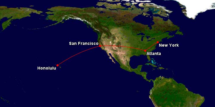 Map of flight route, with lines connecting New York to Atlanta, San Francisco and Honolulu.