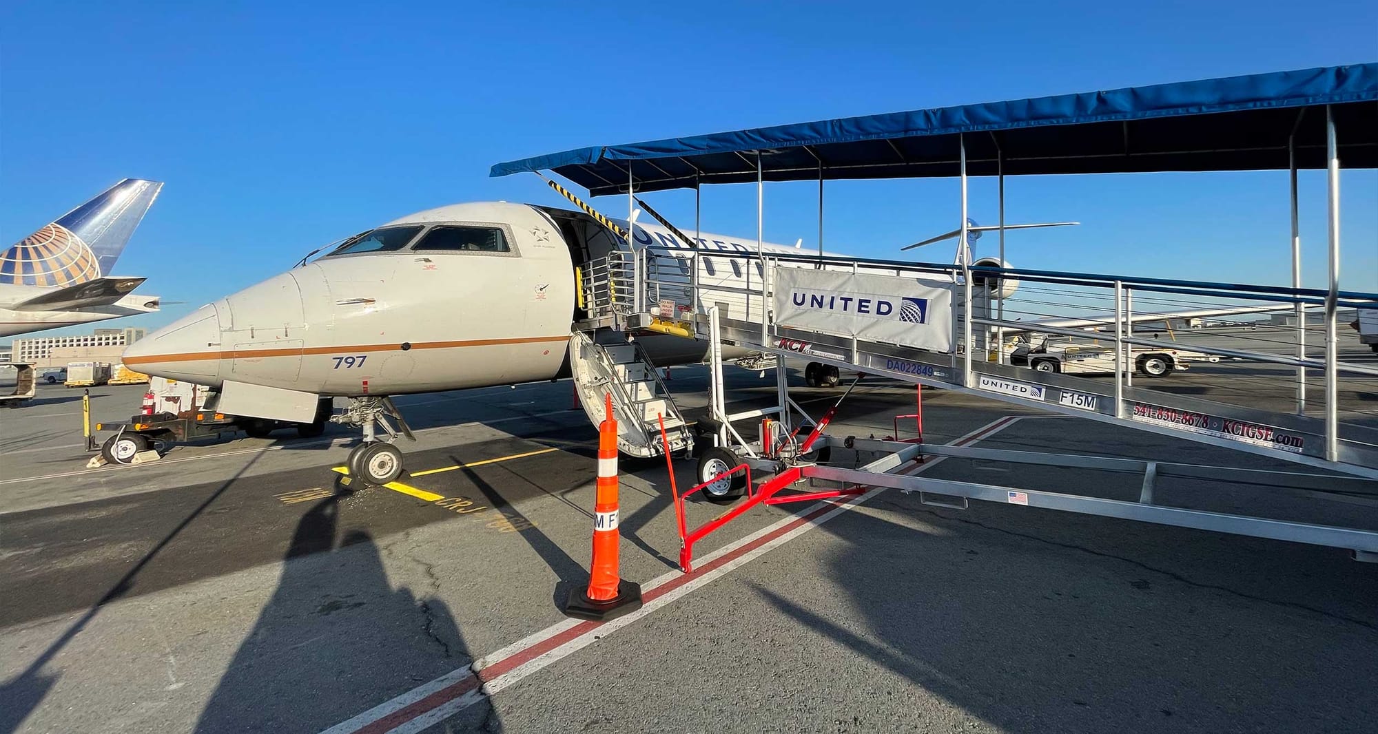 United CRJ-700 aircraft parked at San Francisco International Airport.