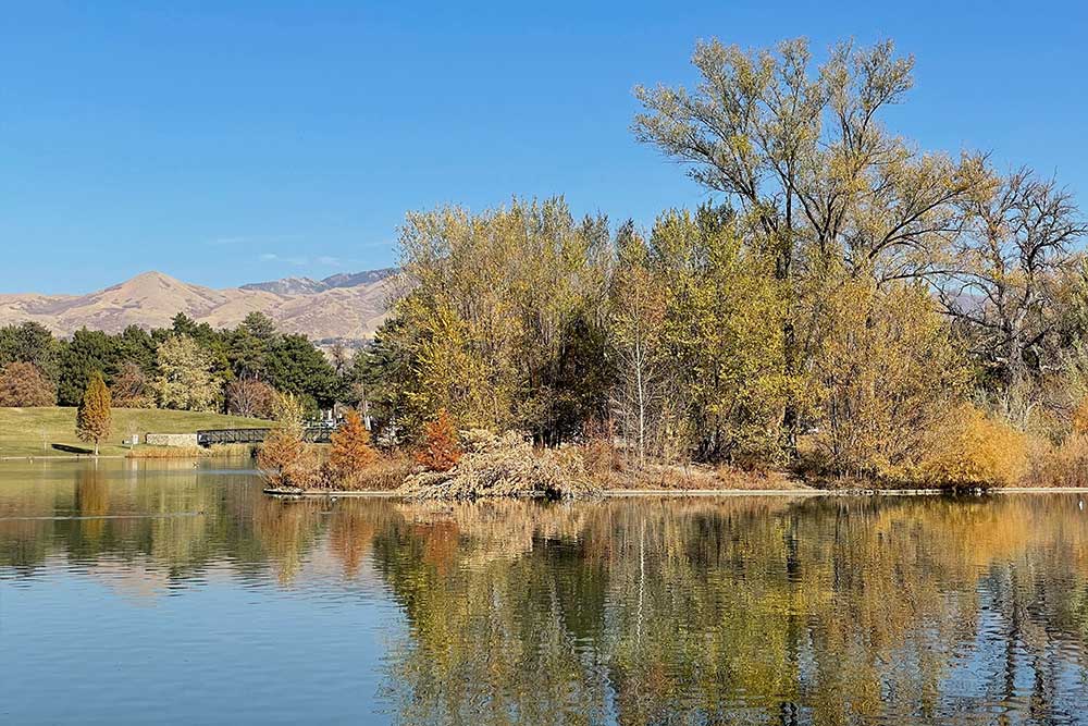 Island in the center of a pond, with mountains in the background.