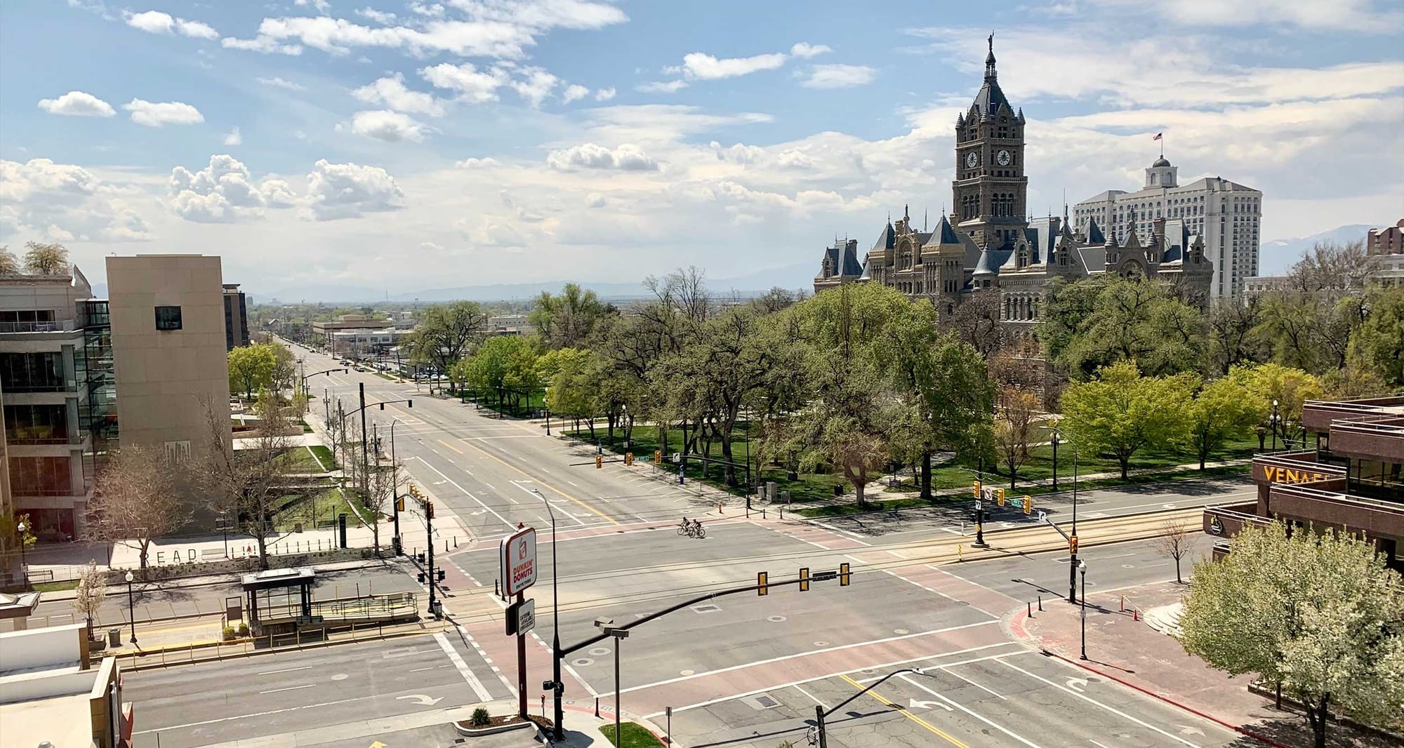 Aerial view of intersection, sidewalks and crosswalk in Salt Lake City.