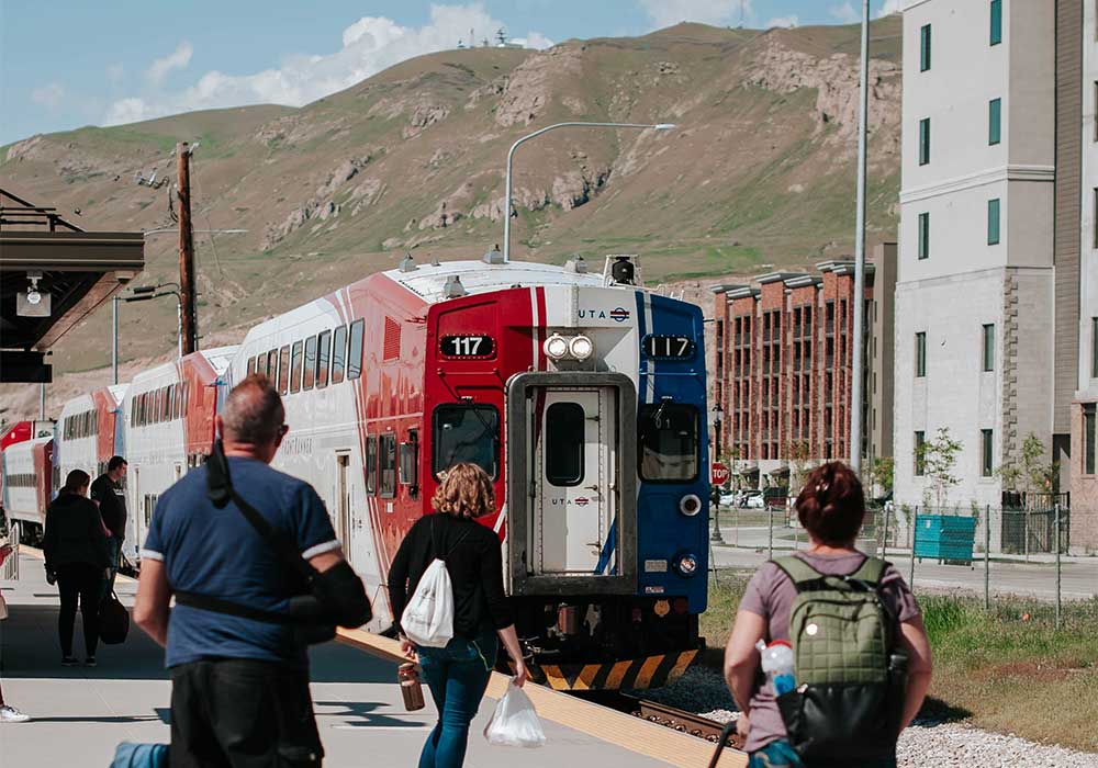 FrontRunner train arriving at station.