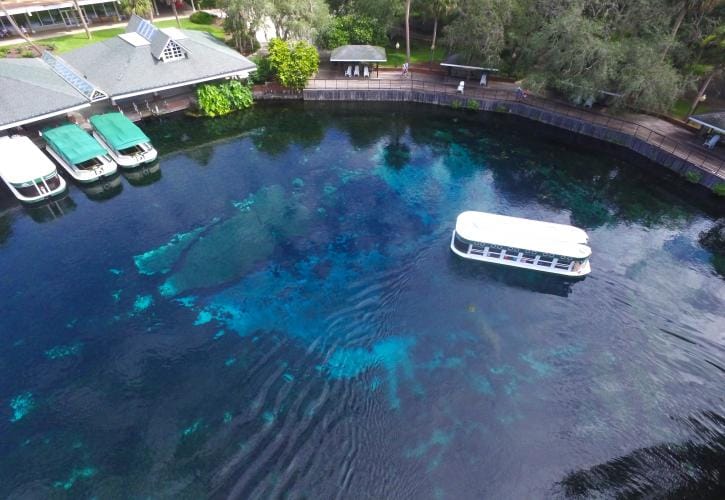 Glass bottom boat next to a spring on the water.