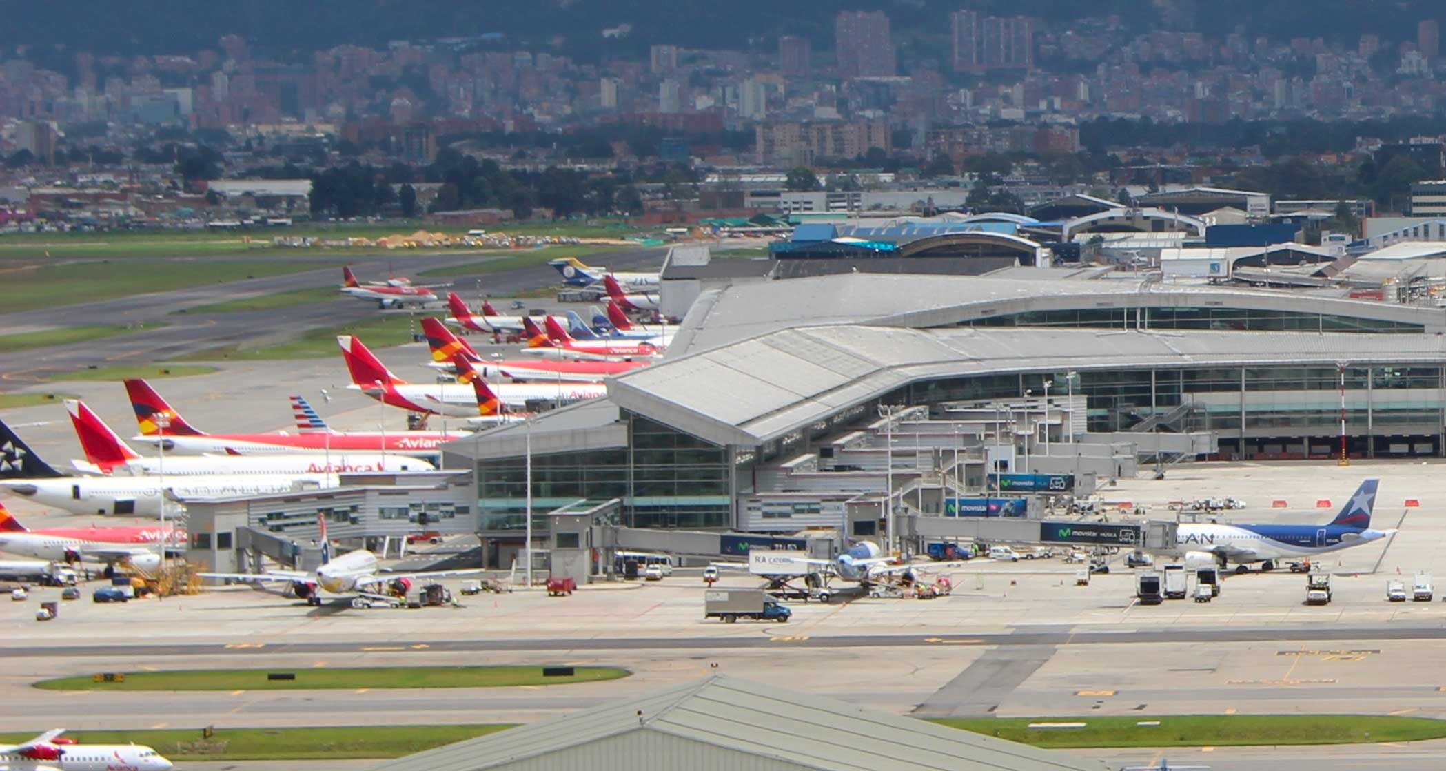 Aerial view of Bogota Airport terminal and runways.