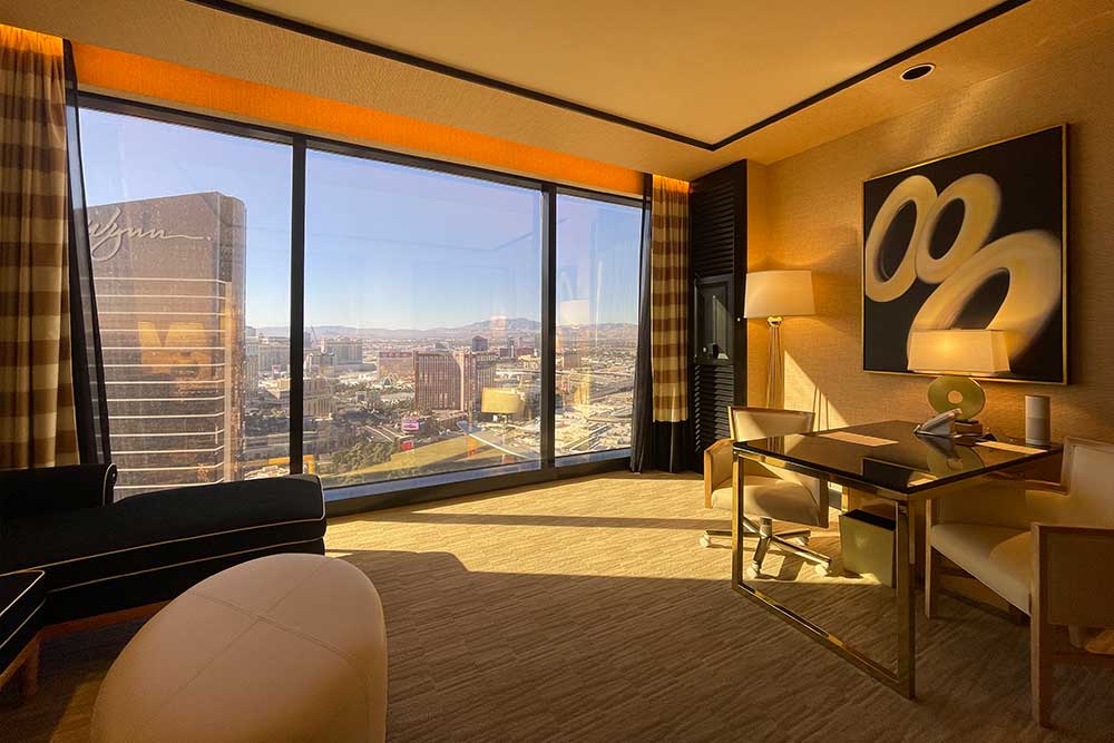 Sitting room, windows looking out to Wynn Tower and Las Vegas Strip.