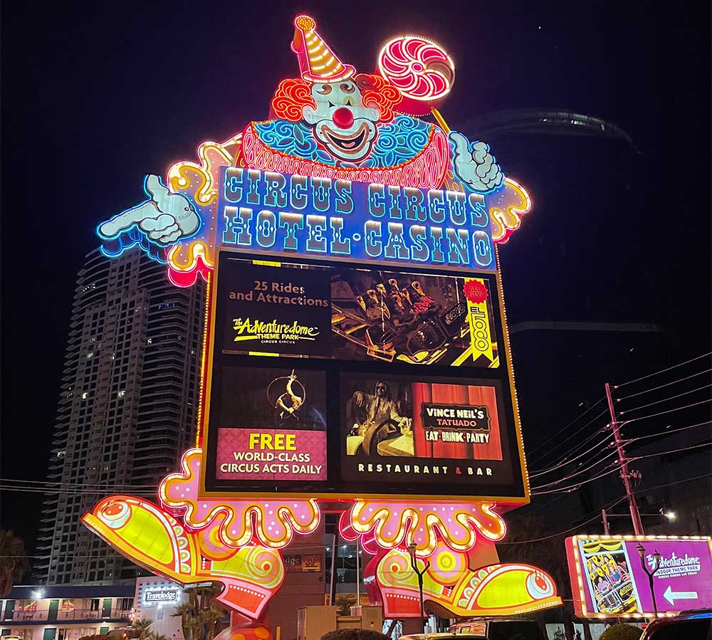 Large neon sign with clown and Circus Circus Hotel Casino.