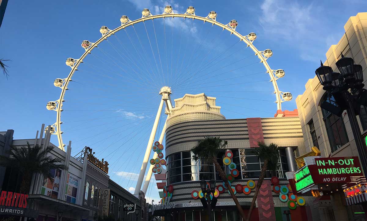 Large Ferris wheel with white pods around the circle.