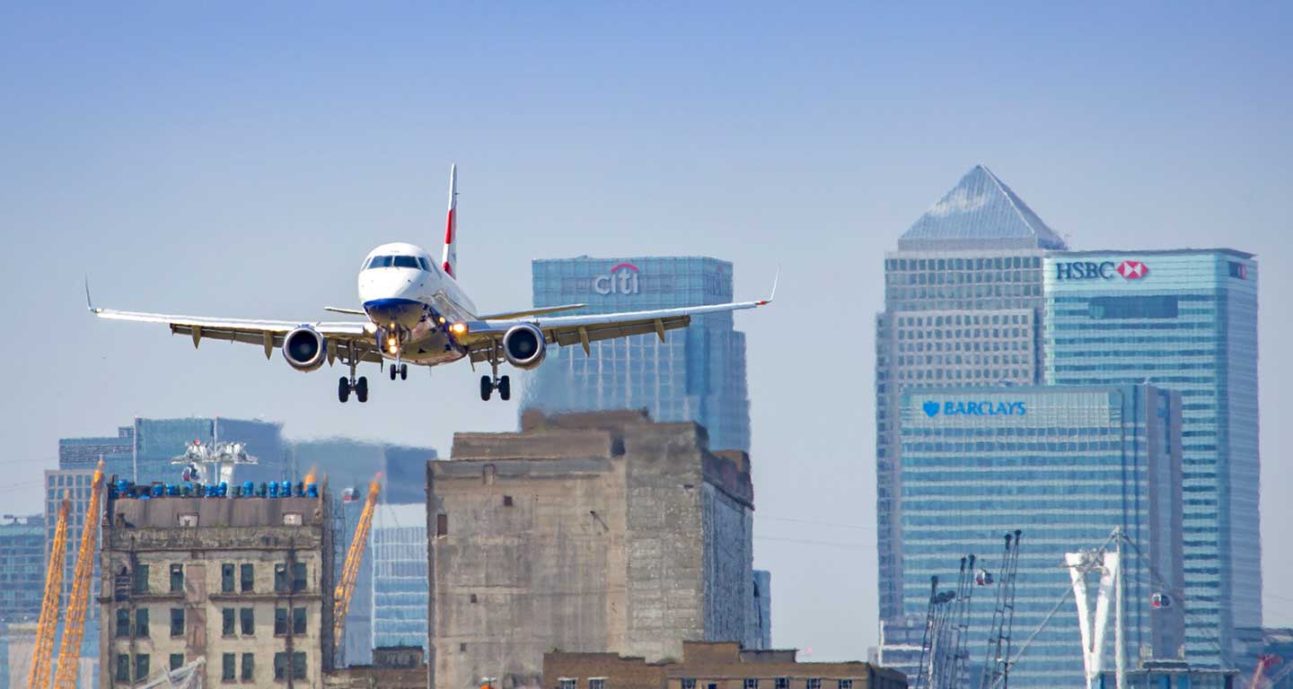 Airplane landing at London airport.