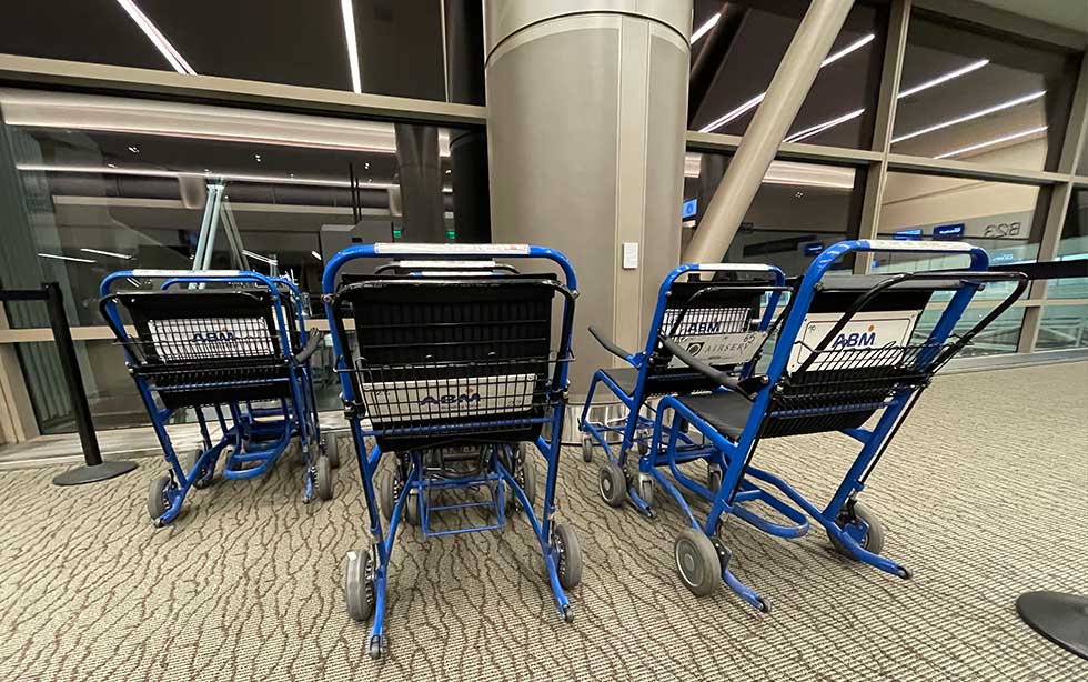 Several unoccupied wheelchairs at Salt Lake City Airport.